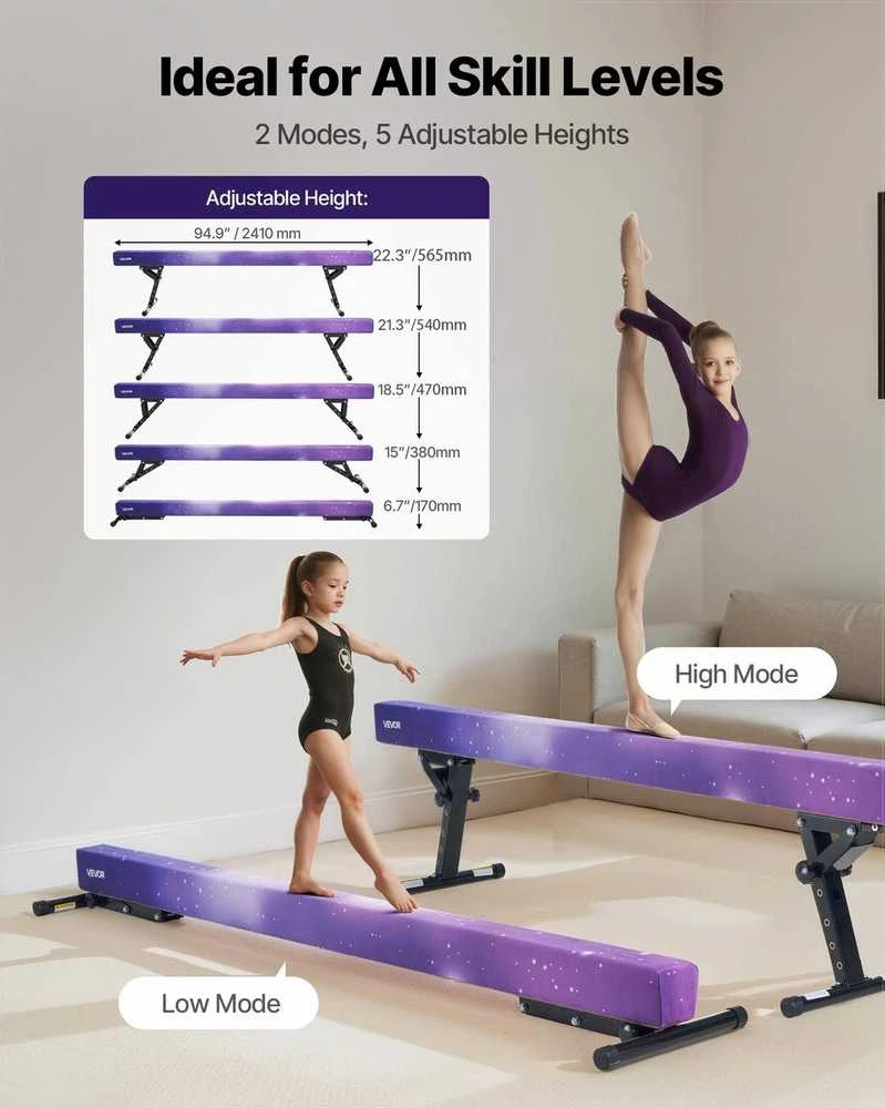 Reguliuojamas gimnastikos buomas vaikams, treniruočių buomas su penkiais aukščio nustatymais, patvari namų sporto salės įranga, įvairiaspalvis gimnastikos buomas