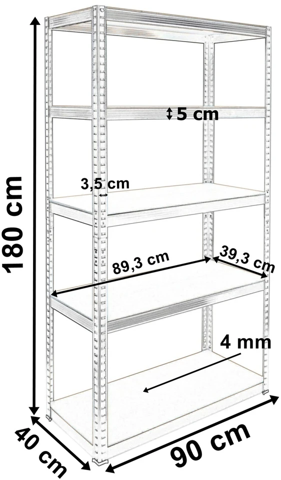 Sandėliavimo stelažas, 5 lentynos, juodas, 180x90x40 cm, 875 kg, lentynų blokas, metalinis stelažas, sandėliavimo lentynos