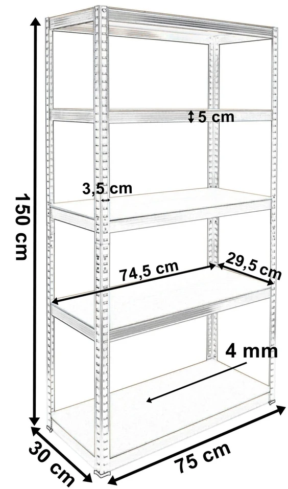 Sandėliavimo stelažas, 5 lentynos, juodas, 150x75x30 cm, 625 kg, lentynų blokas, garažo lentynos, metalinis stelažas, sandėliavimo lentynos