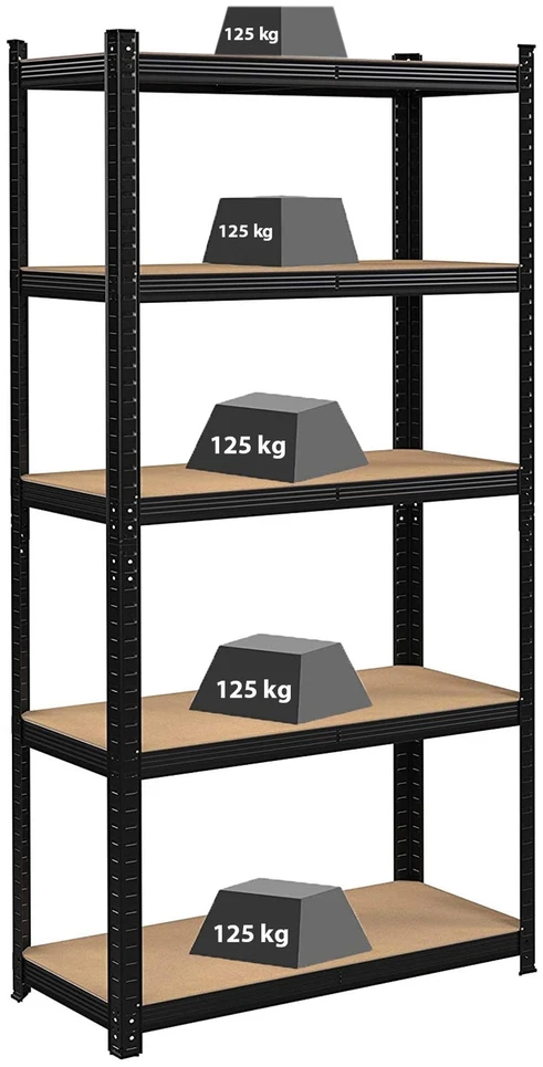 Sandėliavimo stelažas, 5 lentynos, juodas, 150x75x30 cm, 625 kg, lentynų blokas, garažo lentynos, metalinis stelažas, sandėliavimo lentynos