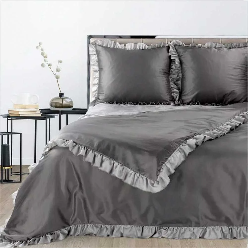Eurofirany Satininė patalynė 160x200, plieno sidabro su raukiniu, medvilnės poliesterio patalynė, elegantiškas miegamojo dekoras, minkšta ir patvari patalynė, patalynės komplektas Patalynė