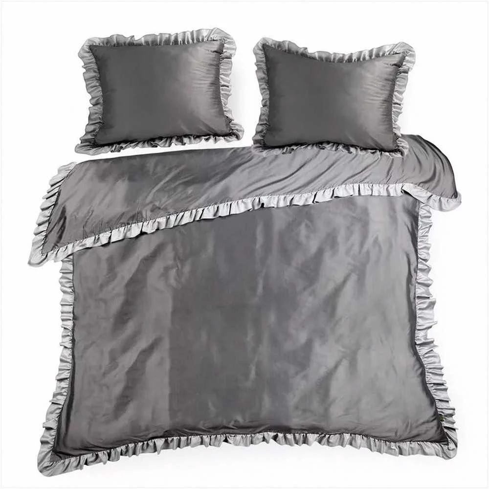 Eurofirany Satininė patalynė 160x200, plieno sidabro su raukiniu, medvilnės poliesterio patalynė, elegantiškas miegamojo dekoras, minkšta ir patvari patalynė, patalynės komplektas Patalynė