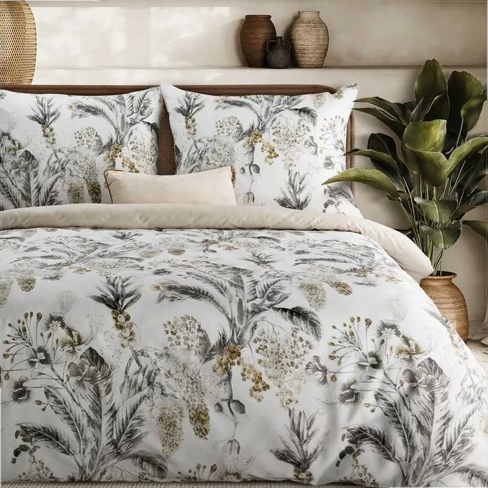 Eurofirany Satininis patalynės komplektas 160x200 cm, gėlėta medvilninė patalynė, balta ir smėlio spalvos patalynė, minkštas patalynės komplektas, pavasarinė patalynė, 2 pagalvių užvalkalai, miegamojo tekstilė