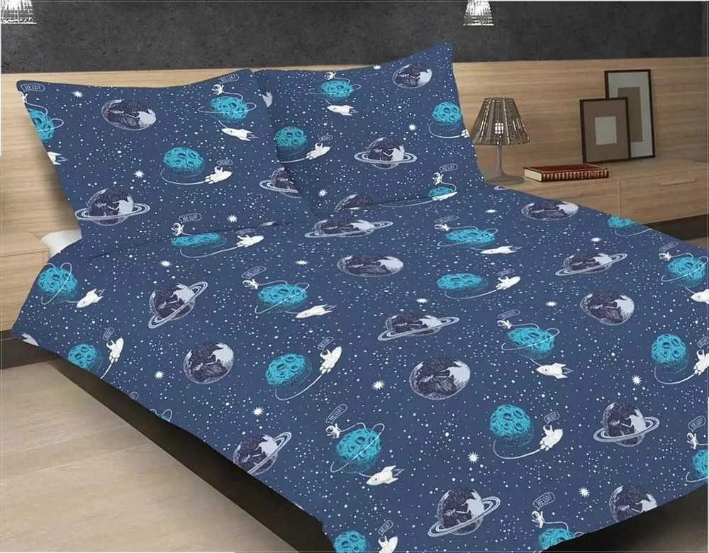Multitex Satino medvilnės patalynės komplektas, 160x200 cm, tamsiai mėlynas kosmoso raštas, antklodės užvalkalas su dviem pagalvių užvalkalais, OEKO-TEX sertifikatas, miegamojo tekstilė