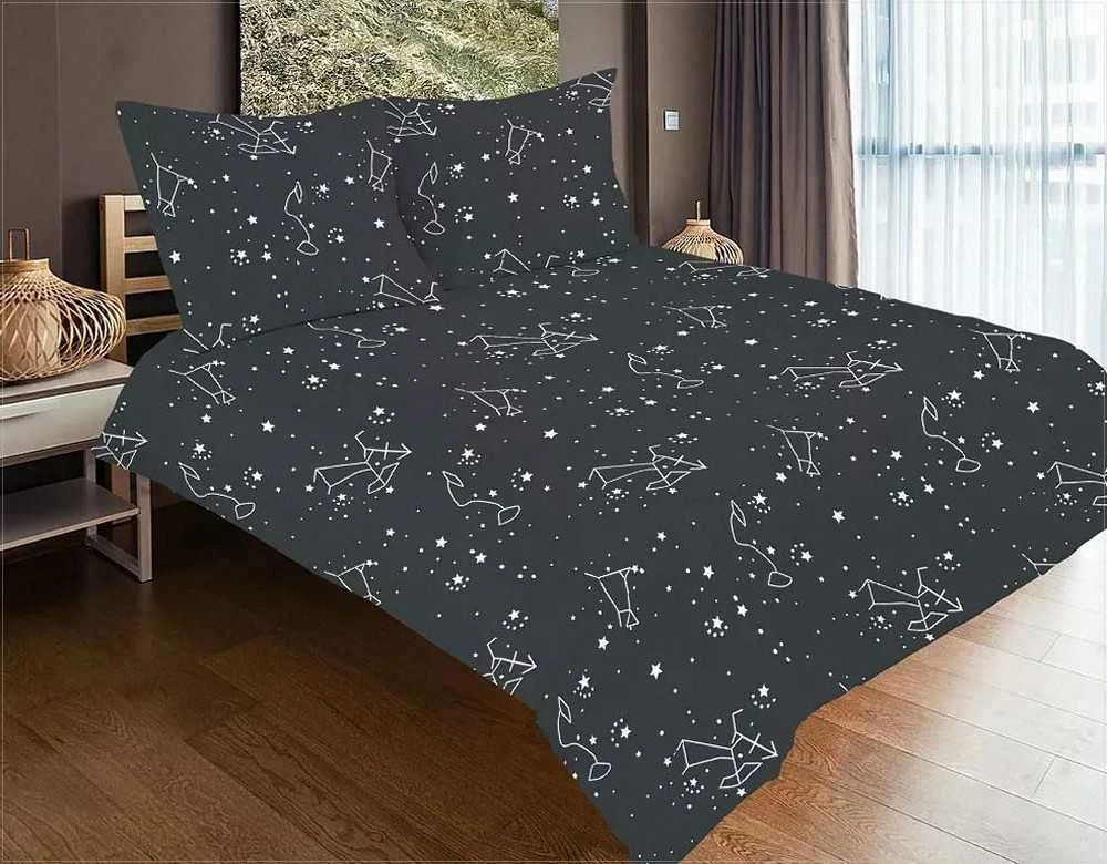 Multitex Satino medvilnės patalynės komplektas, 160x200 cm antklodės užvalkalas su dviem pagalvių užvalkalais, juodos ir baltos spalvos zodiako žvaigždynų raštas, OEKO-TEX, su užtrauktuku, minkšta patalynė