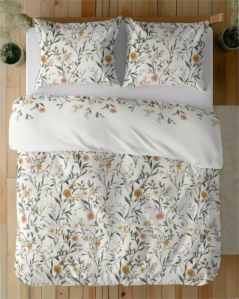 Satino medvilnės patalynės komplektas 220x200 cm baltas su smulkiomis gėlėmis, didelėms lovoms, gėlių raštas, OEKO-TEX sertifikatas, miegamojo tekstilė