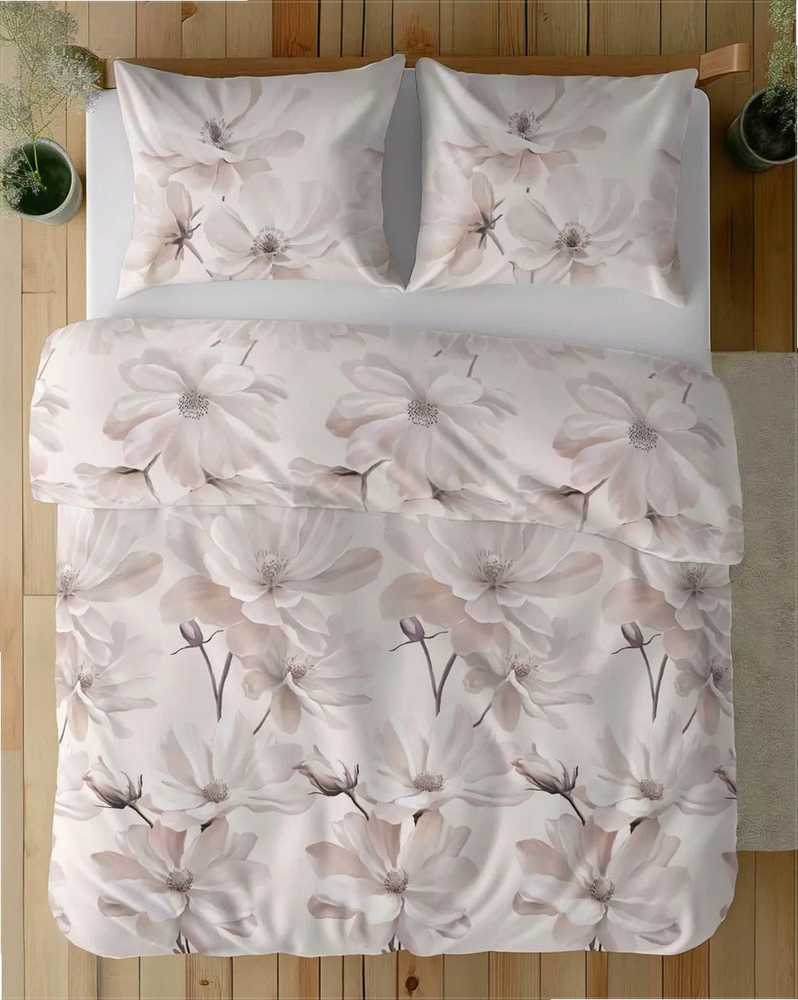 Satino medvilnės patalynės komplektas 220x200 cm, didelių smėlio spalvos gėlių raštas, 2 pagalvių užvalkalai, pralaidus orui ir patvarus, OEKO-TEX sertifikatas, minkšta patalynė miegamajam