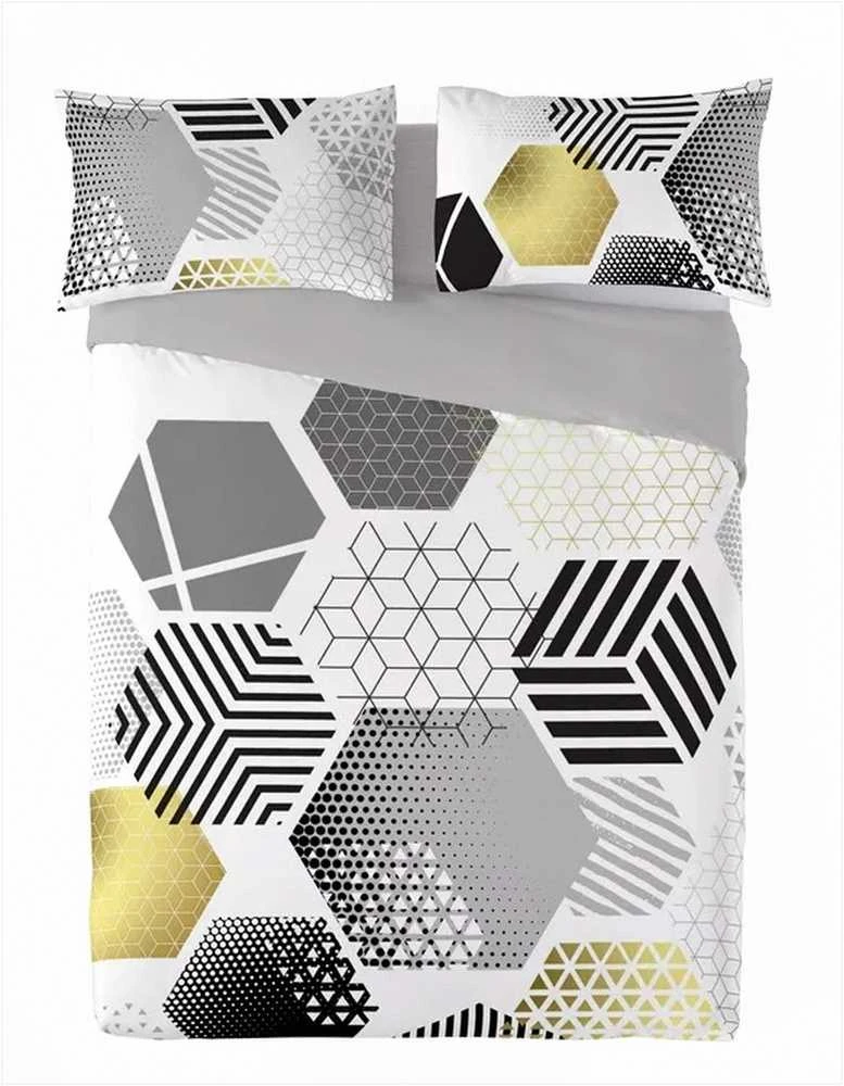 Multitex Satino medvilnės patalynės komplektas, geometrinis pilkas ir geltonas raštas, 160x200 cm antklodės užvalkalas su dviem pagalvių užvalkalais, OEKO-TEX sertifikatas, miegamojo tekstilė