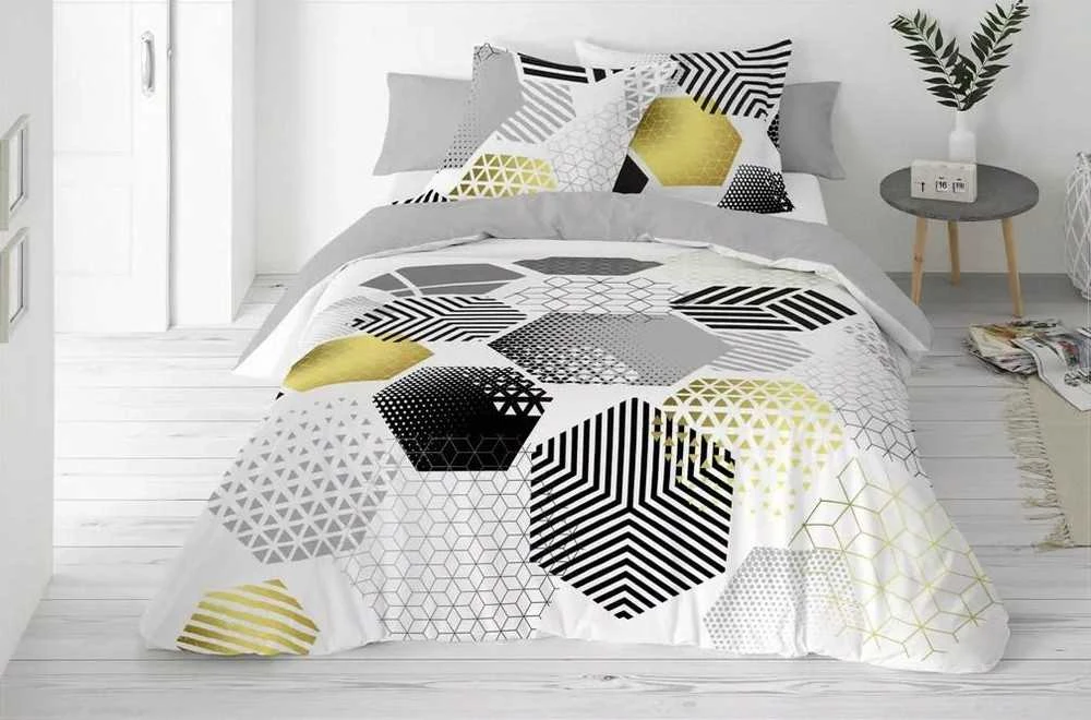 Multitex Satino medvilnės patalynės komplektas, geometrinis pilkas ir geltonas raštas, 160x200 cm antklodės užvalkalas su dviem pagalvių užvalkalais, OEKO-TEX sertifikatas, miegamojo tekstilė