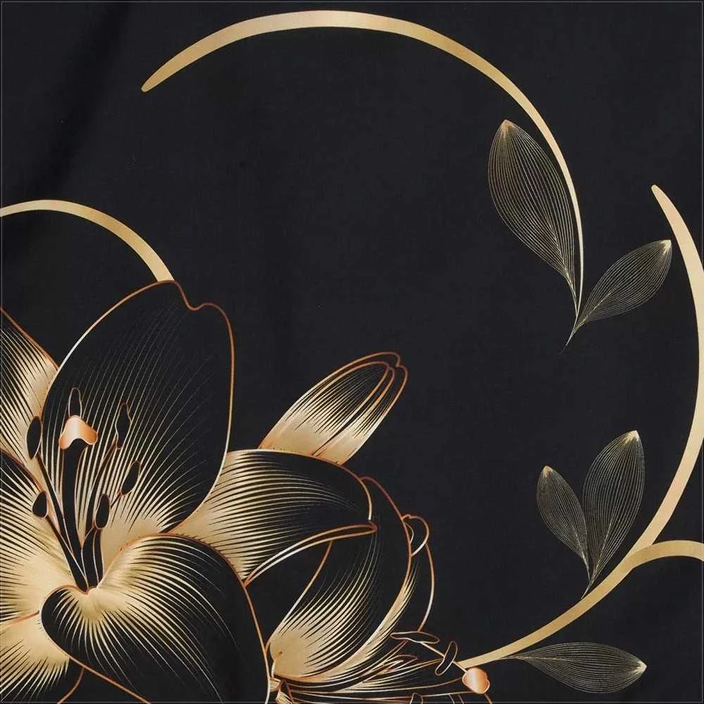 Eurofirany Satino patalynės komplektas 160x200 cm, juodos ir auksinės spalvos lapų geometrinis raštas, skaitmeninė spauda, 3 dalių rinkinys, užtrauktuku užsegami užvalkalai, medvilninė patalynė Patalynė