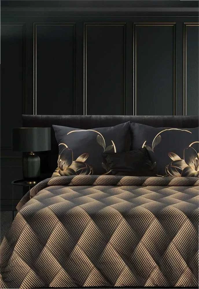 Eurofirany Satino patalynės komplektas 160x200 cm, juodos ir auksinės spalvos lapų geometrinis raštas, skaitmeninė spauda, 3 dalių rinkinys, užtrauktuku užsegami užvalkalai, medvilninė patalynė Patalynė