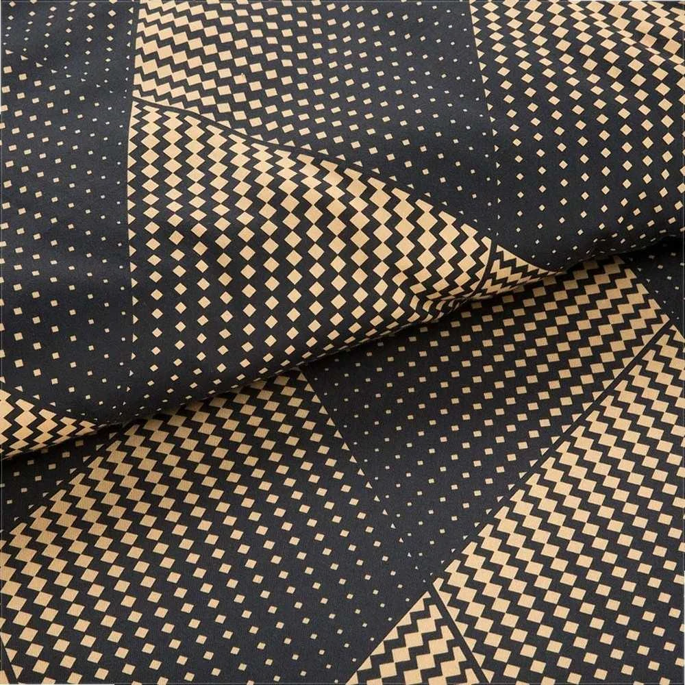 Eurofirany Satino patalynės komplektas 160x200 cm, juodos ir auksinės spalvos lapų geometrinis raštas, skaitmeninė spauda, 3 dalių rinkinys, užtrauktuku užsegami užvalkalai, medvilninė patalynė Patalynė