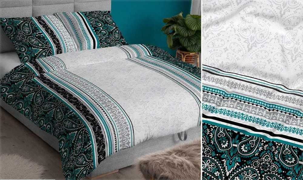 Satino patalynės komplektas 160x200, turkio pilkos spalvos ornamentais, užtrauktuku, minkšta medvilninė patalynė, dekoratyvinė patalynė, miegamojo patalynė