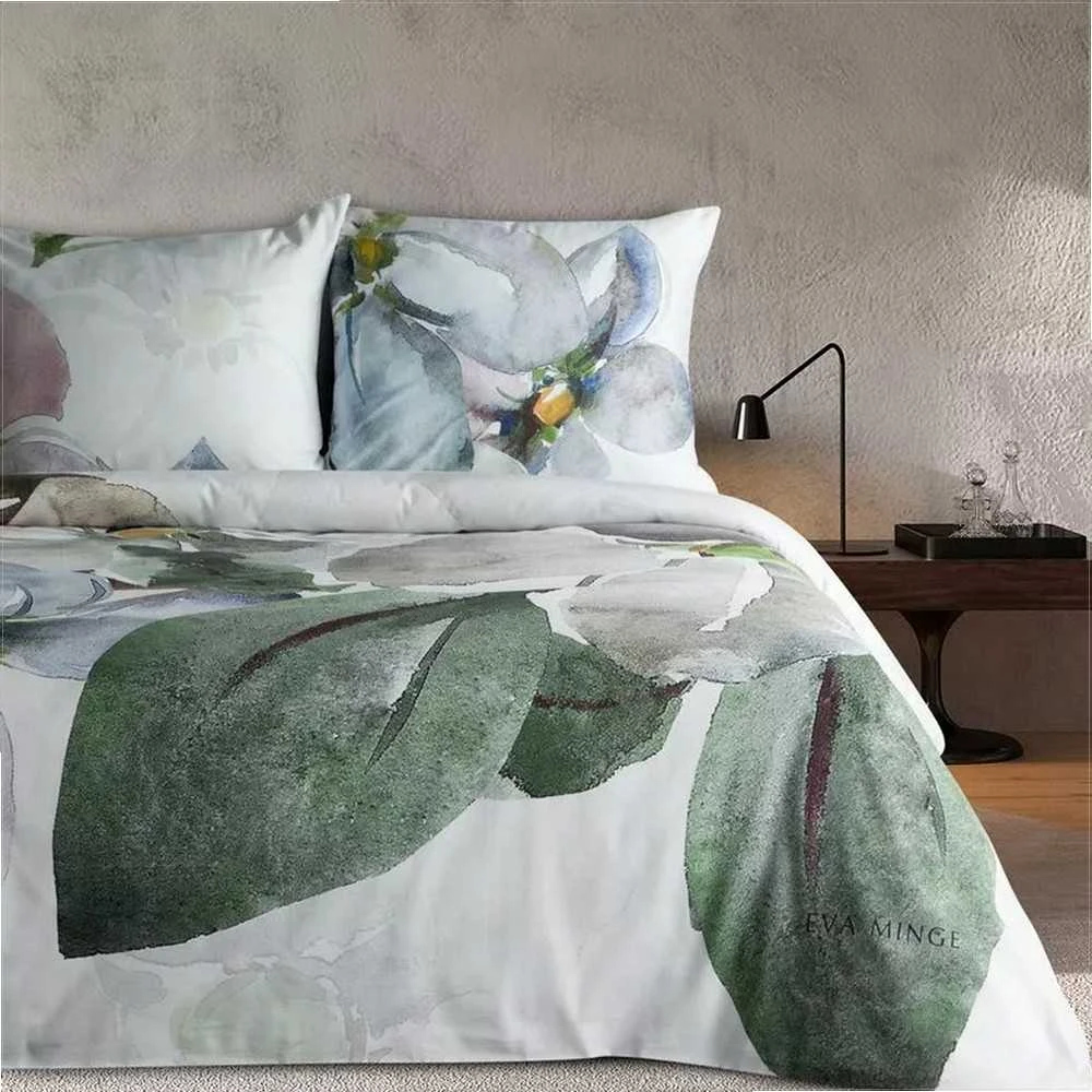 Eurofirany Satino patalynės komplektas 220x200 cm su gėlių raštu, baltos ir žalios gėlės, medvilninio satino užvalkalai, miegamojo tekstilė