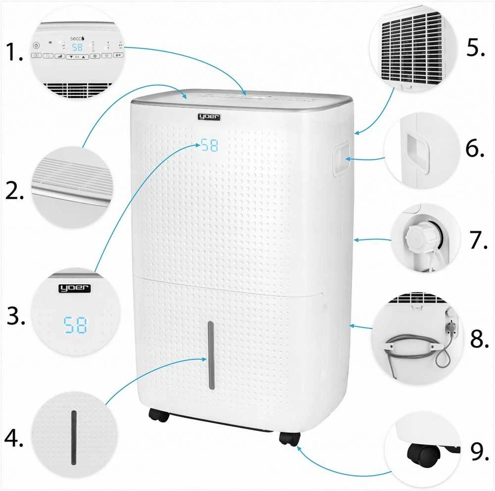 Secco Oro sausintuvas su integruotu siurbliu iki 150 m², 60 L per dieną, Wi-Fi valdymas, „trys viename“ džiovinimas ir oro gryninimas, automatinis oro sausintuvas, drėgmės reguliatorius, buitinis drėgmės surinkėjas