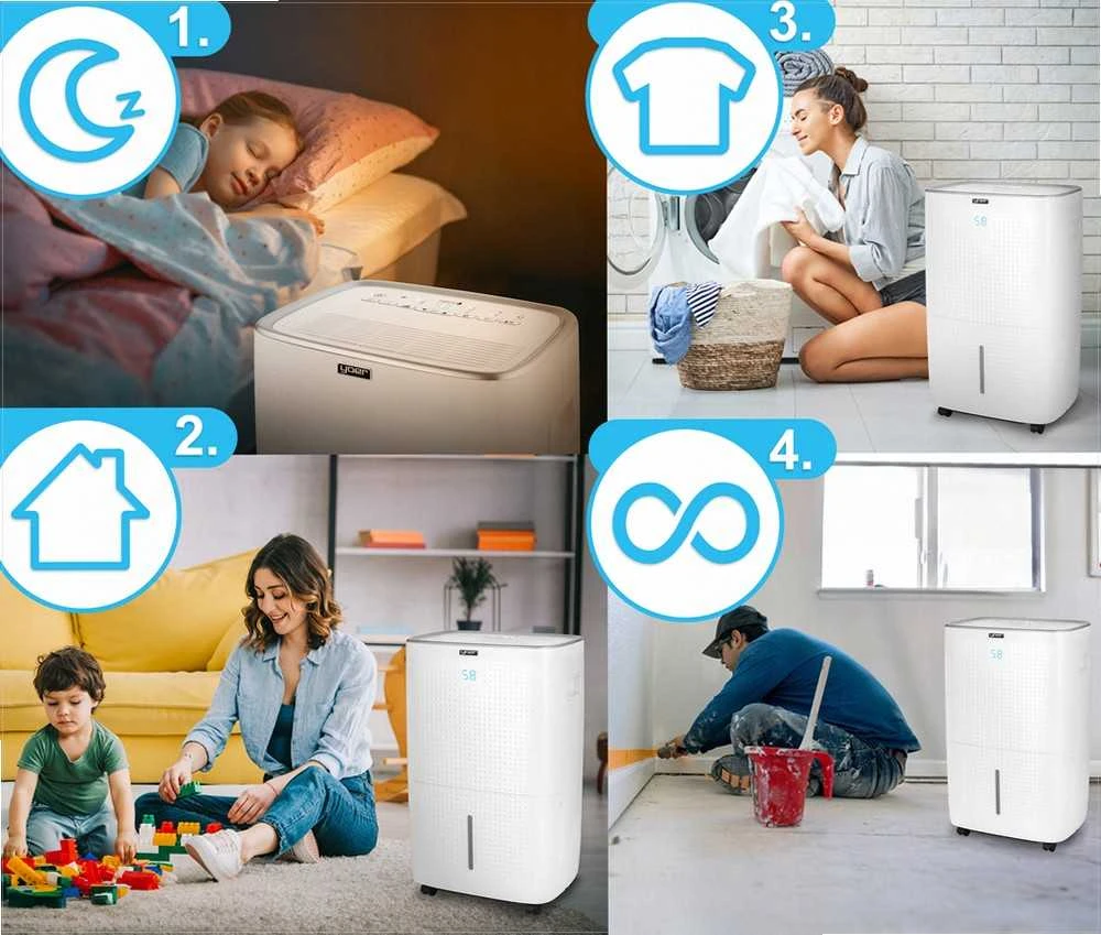 Secco Oro sausintuvas su integruotu siurbliu iki 150 m², 60 L per dieną, Wi-Fi valdymas, „trys viename“ džiovinimas ir oro gryninimas, automatinis oro sausintuvas, drėgmės reguliatorius, buitinis drėgmės surinkėjas
