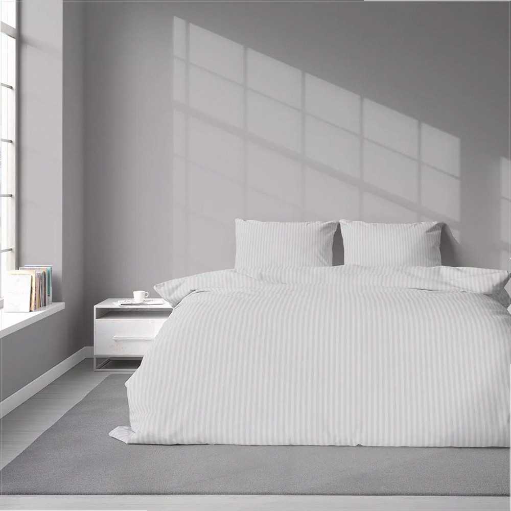 Sidabrinis damasto patalynės komplektas, 220x200 cm antklodės užvalkalas su 1 cm juostelėmis, 3 dalių medvilninė patalynė, OEKO-TEX sertifikatas, miegamojo tekstilė