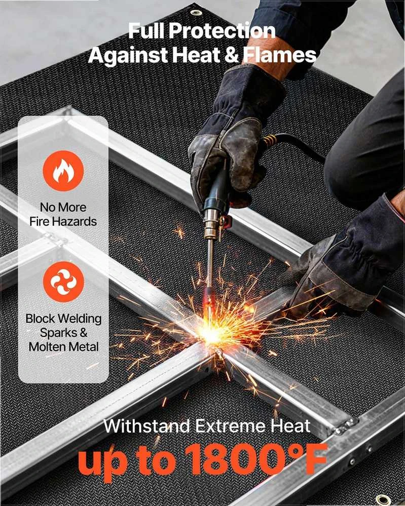 Silikonu dengta stiklo pluošto suvirinimo antklodė, karščiui atspari apsauga, 982°C ugniai atsparus izoliacinis kilimėlis su metalinėmis įvorėmis, suvirinimo antklodė 1829x2438 mm, ugniai atsparus suvirinimo kilimėlis