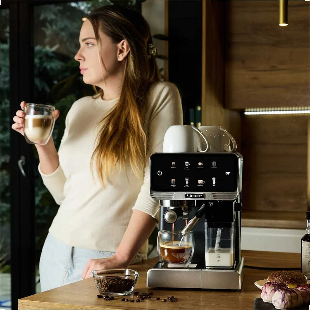 Slėginis kavos aparatas 20 bar 1350W automatinis su LED ir thermoblock, nerūdijančio plieno namų espresso aparatas, daugybė gėrimų programų, automatinis kavos virimo aparatas namų baristai