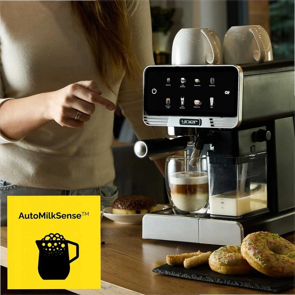 Slėginis kavos aparatas 20 bar 1350W automatinis su LED ir thermoblock, nerūdijančio plieno namų espresso aparatas, daugybė gėrimų programų, automatinis kavos virimo aparatas namų baristai