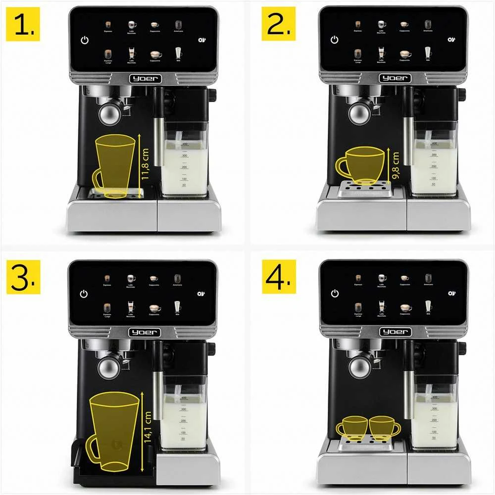 Slėginis kavos aparatas 20 bar 1350W automatinis su LED ir thermoblock, nerūdijančio plieno namų espresso aparatas, daugybė gėrimų programų, automatinis kavos virimo aparatas namų baristai