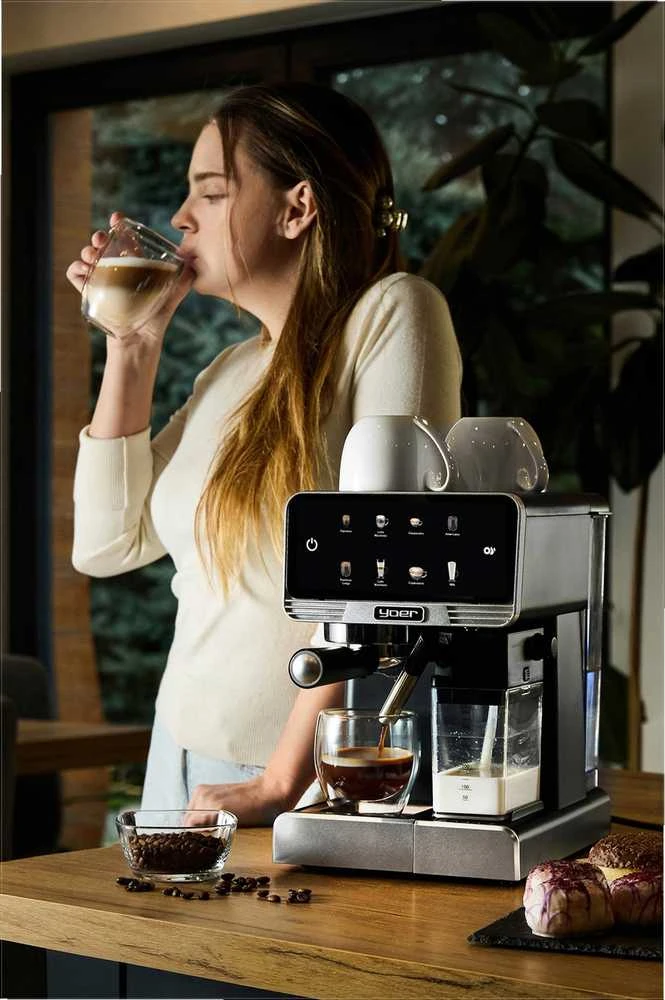 Slėginis kavos aparatas 20 bar 1350W automatinis su LED ir thermoblock, nerūdijančio plieno namų espresso aparatas, daugybė gėrimų programų, automatinis kavos virimo aparatas namų baristai