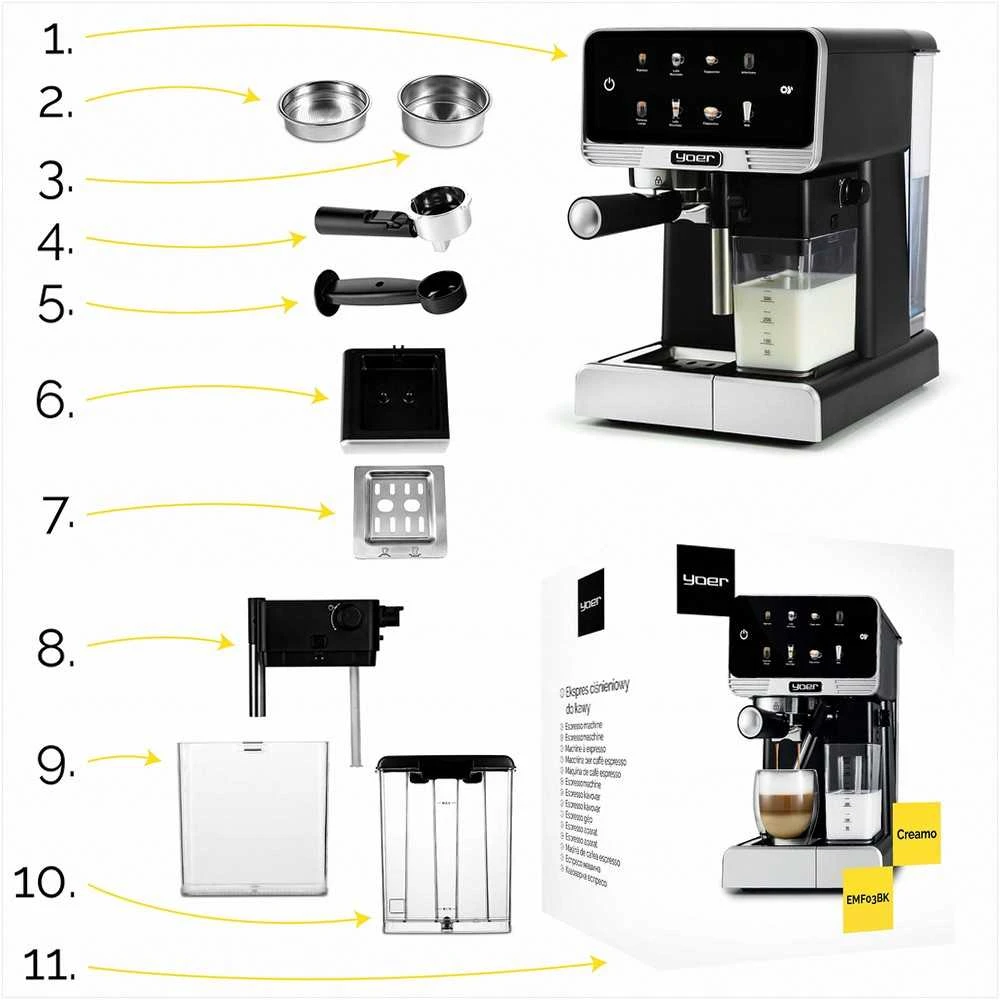 Slėginis kavos aparatas 20 bar 1350W automatinis su LED ir thermoblock, nerūdijančio plieno namų espresso aparatas, daugybė gėrimų programų, automatinis kavos virimo aparatas namų baristai