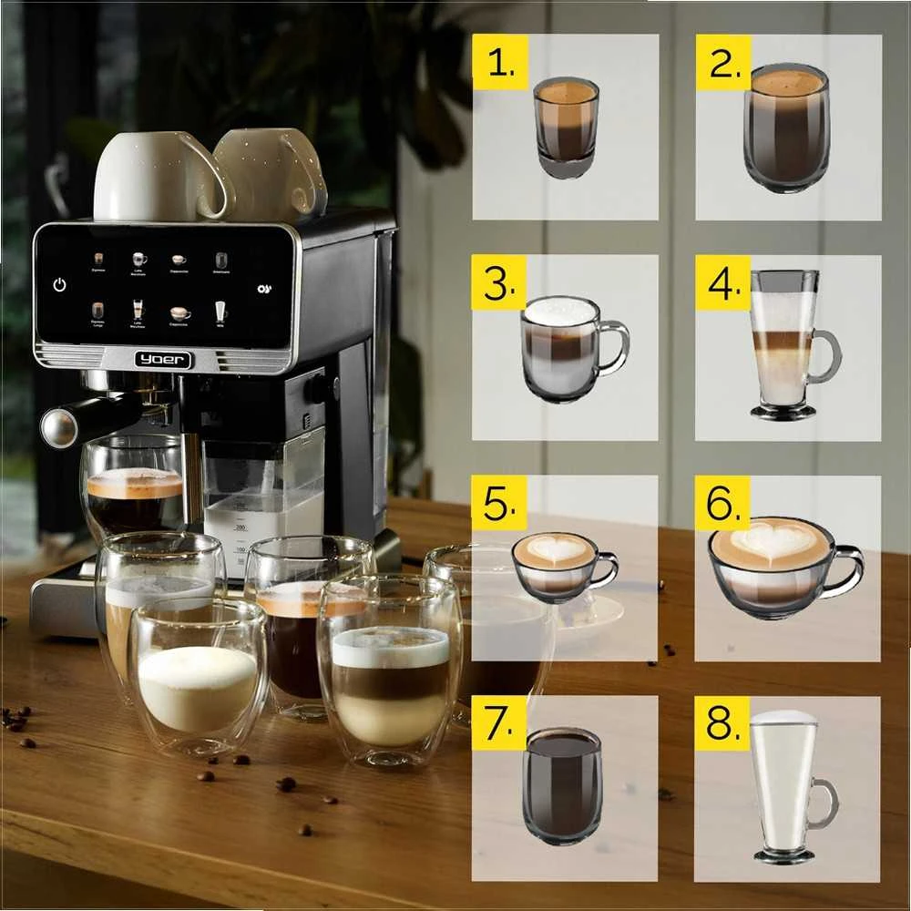 Slėginis kavos aparatas 20 bar 1350W automatinis su LED ir thermoblock, nerūdijančio plieno namų espresso aparatas, daugybė gėrimų programų, automatinis kavos virimo aparatas namų baristai