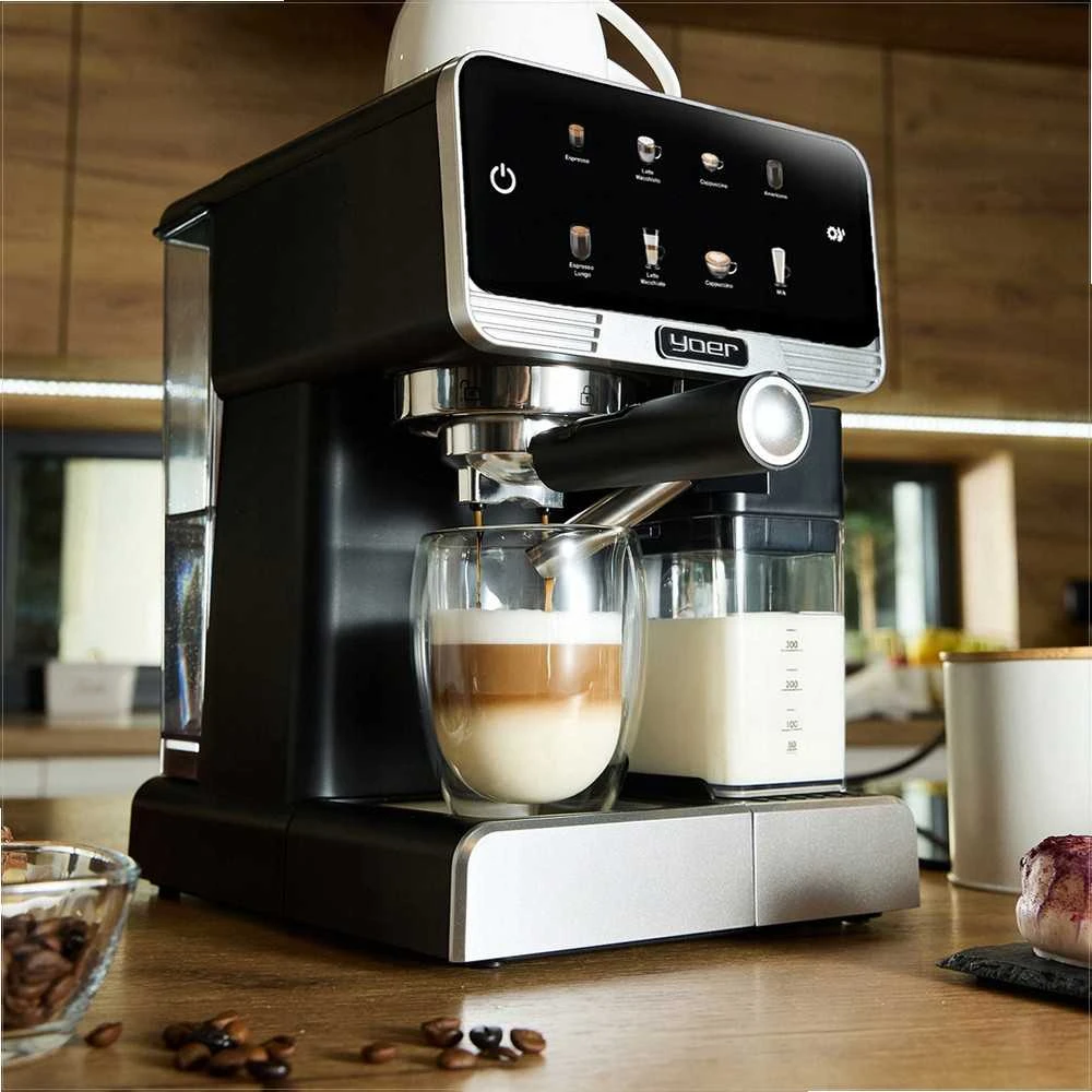 Slėginis kavos aparatas 20 bar 1350W automatinis su LED ir thermoblock, nerūdijančio plieno namų espresso aparatas, daugybė gėrimų programų, automatinis kavos virimo aparatas namų baristai