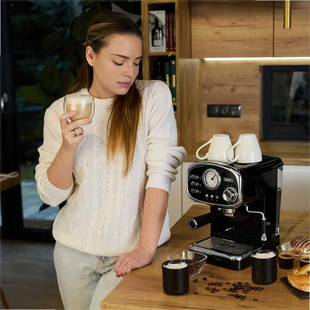 Slėginis kavos aparatas su pieno putų plakikliu namų espresso ruošimui, 1100W 20 bar 1.2L vandens talpa 10 puodelių, espresso kavos virimo aparatas kapučino ruošimui