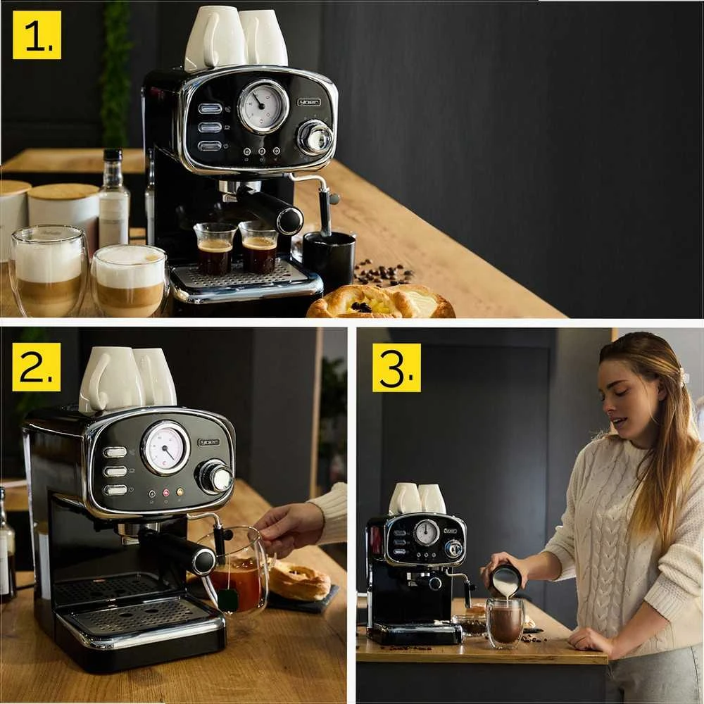 Slėginis kavos aparatas su pieno putų plakikliu namų espresso ruošimui, 1100W 20 bar 1.2L vandens talpa 10 puodelių, espresso kavos virimo aparatas kapučino ruošimui