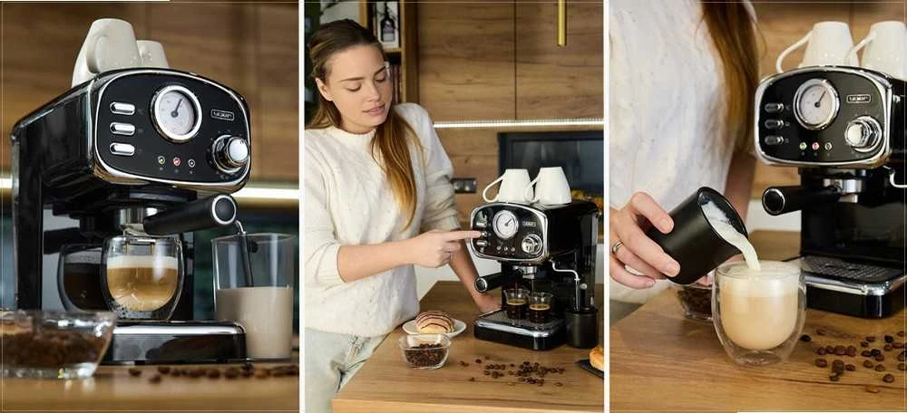 Slėginis kavos aparatas su pieno putų plakikliu namų espresso ruošimui, 1100W 20 bar 1.2L vandens talpa 10 puodelių, espresso kavos virimo aparatas kapučino ruošimui