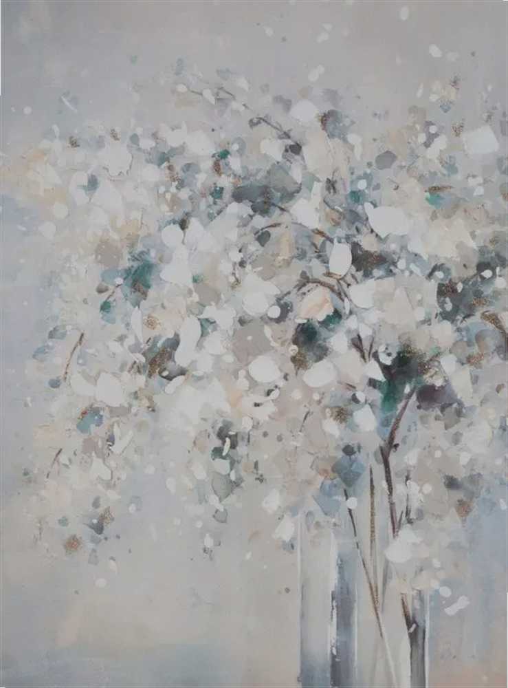 Eurofirany Smėlio spalvos gėlių paveikslas, rankomis tapytas ant drobės 60x80 cm, baltos ir mėlynos gėlės, sienų dekoras svetainei ir miegamajam, modernus interjero akcentas
