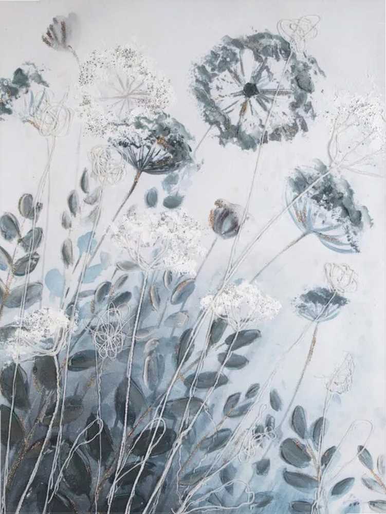 Eurofirany Smėlio spalvos gėlių paveikslas, rankomis tapytas ant drobės 60x80 cm, baltos ir mėlynos gėlės, sienų dekoras svetainei ir miegamajam, modernus interjero akcentas