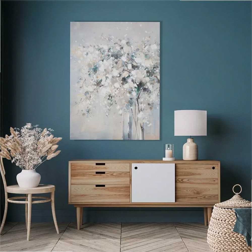 Eurofirany Smėlio spalvos gėlių paveikslas, rankomis tapytas ant drobės 60x80 cm, baltos ir mėlynos gėlės, sienų dekoras svetainei ir miegamajam, modernus interjero akcentas