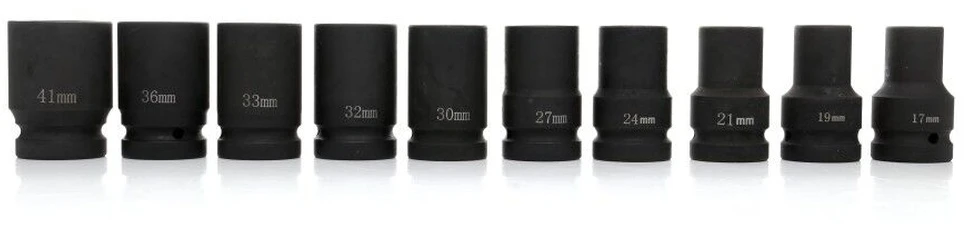 Smūginių galvučių rinkinys, 25.4 mm tvirtinimo kvadratas, 6-kampės smūginės galvutės, didelės apkrovos smūginės galvutės, 17-41 mm smūginių galvučių rinkinys
