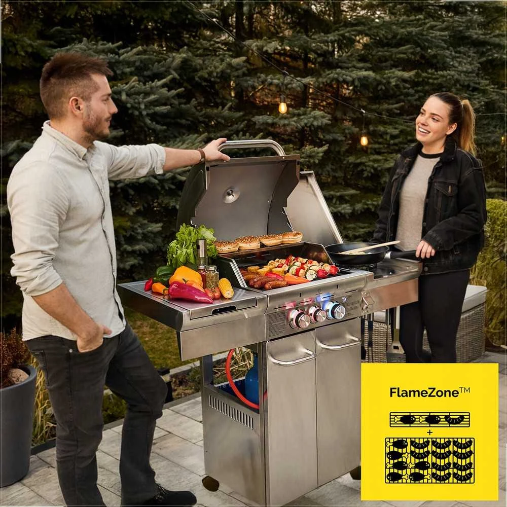 Sodo dujinė kepsninė iš nerūdijančio plieno su ketaus grotelėmis, 2+1 degikliai maisto ruošimui lauke, didelė galia 10.15 kW, šoninis degiklis ir spintelė balonui, lauko dujinis grilis, nerūdijančio plieno sodo grilis, ketaus kepsninė