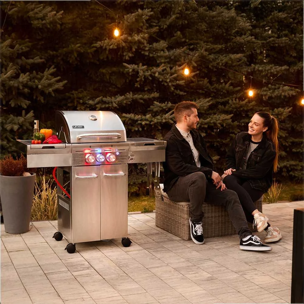 Sodo dujinė kepsninė iš nerūdijančio plieno su ketaus grotelėmis, 2+1 degikliai maisto ruošimui lauke, didelė galia 10.15 kW, šoninis degiklis ir spintelė balonui, lauko dujinis grilis, nerūdijančio plieno sodo grilis, ketaus kepsninė