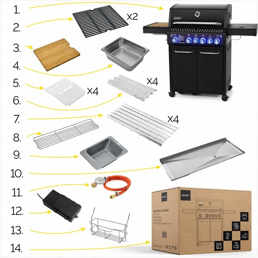 Sodo dujinė kepsninė su ketaus grotelėmis lauko maisto gaminimui, 6 degikliai 21.15 kW su dujų spintelė, lauko dujinis grilis, ketaus grilius, sodo BBQ kepsninė