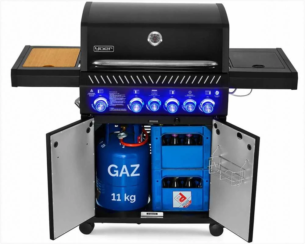 Sodo dujinė kepsninė su ketaus grotelėmis lauko maisto gaminimui, 6 degikliai 21.15 kW su dujų spintelė, lauko dujinis grilis, ketaus grilius, sodo BBQ kepsninė