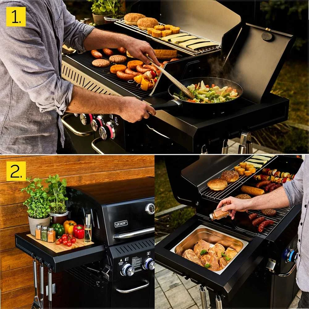 Sodo dujinė kepsninė su ketaus grotelėmis lauko maisto gaminimui, 6 degikliai 21.15 kW su dujų spintelė, lauko dujinis grilis, ketaus grilius, sodo BBQ kepsninė