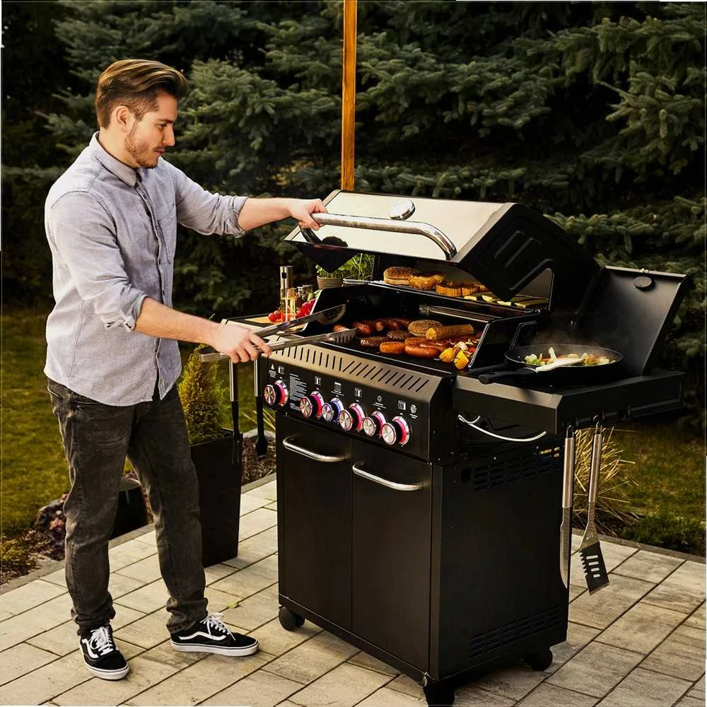 Sodo dujinė kepsninė su ketaus grotelėmis lauko maisto gaminimui, 6 degikliai 21.15 kW su dujų spintelė, lauko dujinis grilis, ketaus grilius, sodo BBQ kepsninė