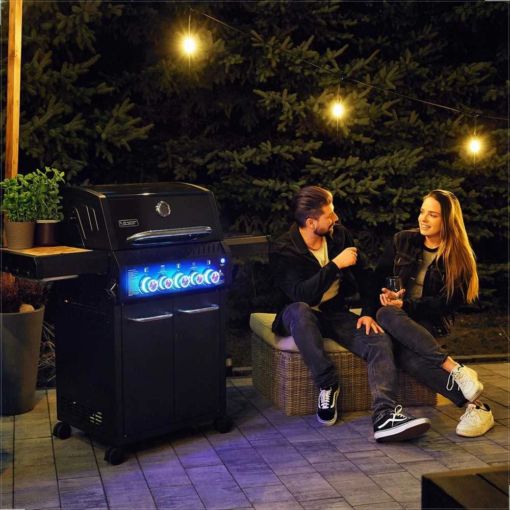 Sodo dujinis grilis ketaus nerūdijantis plienas 3+2 degikliai maisto gaminimui lauke, didelė galia 17.65 kW su spinta balionui, nerūdijančio plieno sodo kepsninė su šonine lentyna, lauko virtuvė