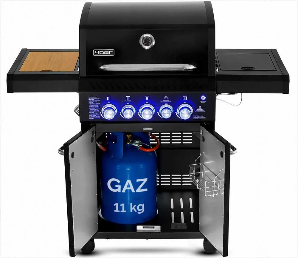 Sodo dujinis grilis ketaus nerūdijantis plienas 3+2 degikliai maisto gaminimui lauke, didelė galia 17.65 kW su spinta balionui, nerūdijančio plieno sodo kepsninė su šonine lentyna, lauko virtuvė