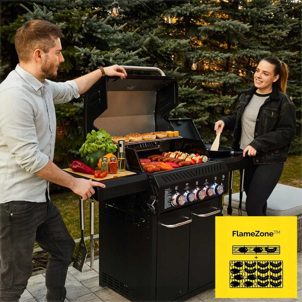 Sodo dujinis grilis ketaus nerūdijantis plienas 3+2 degikliai maisto gaminimui lauke, didelė galia 17.65 kW su spinta balionui, nerūdijančio plieno sodo kepsninė su šonine lentyna, lauko virtuvė