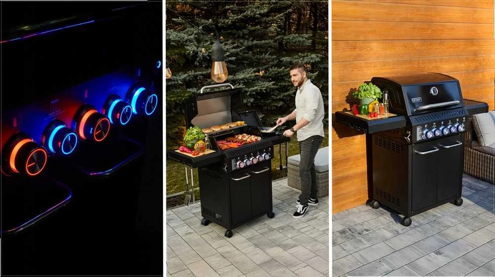 Sodo dujinis grilis ketaus nerūdijantis plienas 3+2 degikliai maisto gaminimui lauke, didelė galia 17.65 kW su spinta balionui, nerūdijančio plieno sodo kepsninė su šonine lentyna, lauko virtuvė