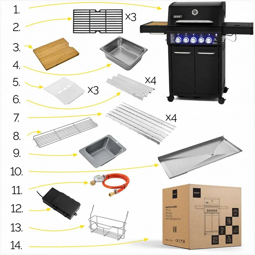 Sodo dujinis grilis ketaus nerūdijantis plienas 3+2 degikliai maisto gaminimui lauke, didelė galia 17.65 kW su spinta balionui, nerūdijančio plieno sodo kepsninė su šonine lentyna, lauko virtuvė