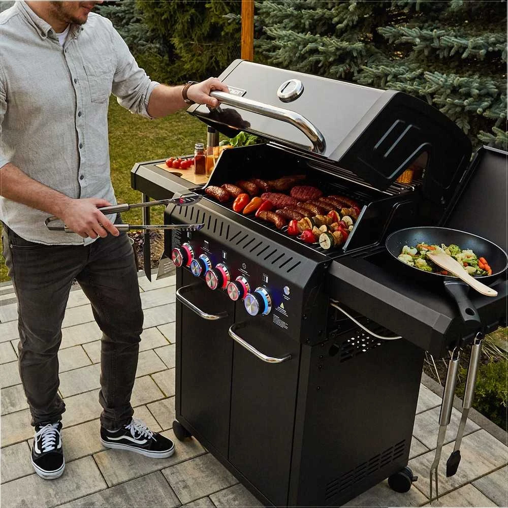 Sodo dujinis grilis ketaus nerūdijantis plienas 3+2 degikliai maisto gaminimui lauke, didelė galia 17.65 kW su spinta balionui, nerūdijančio plieno sodo kepsninė su šonine lentyna, lauko virtuvė
