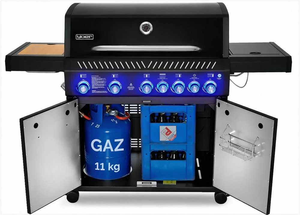 Sodo dujinis grilis su ketaus grotelėmis ir nerūdijančiu plienu, 5+2 degikliai, 24.65 kW, spintelė dujų balionui, didelis kepimo plotas, kepsninė laukui