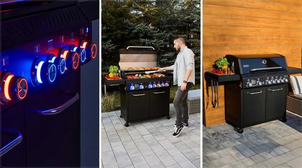 Sodo dujinis grilis su ketaus grotelėmis ir nerūdijančiu plienu, 5+2 degikliai, 24.65 kW, spintelė dujų balionui, didelis kepimo plotas, kepsninė laukui